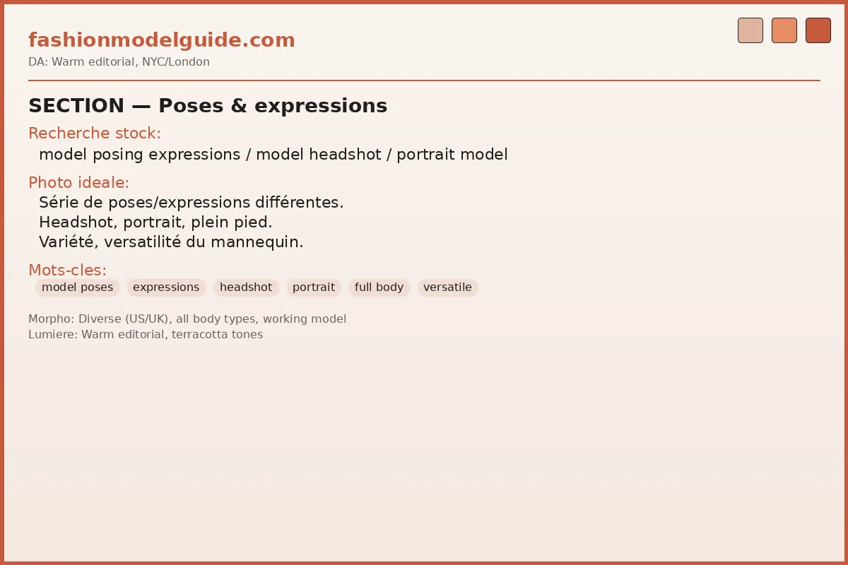 Model posing — variety of poses and expressions